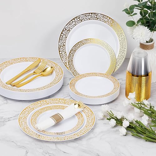 Miniatura 5 de Goodluck 350 Piece Rose Gold Plastic Dinnerware Set for 50 Guests, Disposable Lace Plates for Party, Include 50 Rose Gold Party Plates, 50 Dessert