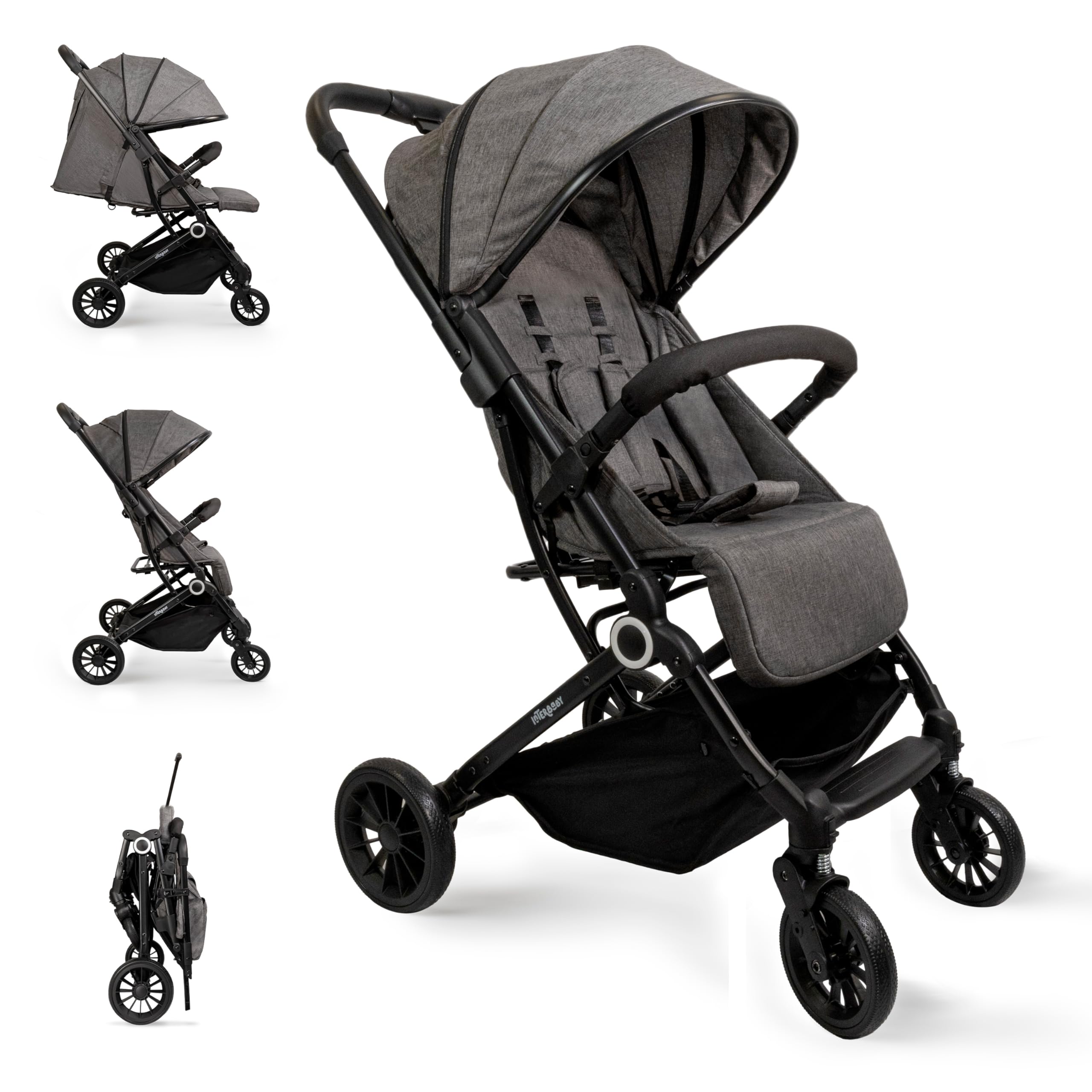 Interbaby Poussette Canne Légère Bébé Voyage 22 kg, Capote XXL (Gris) | Poussette compacte de la naissance à 48 mois, capote XXL interchangeable, amortisseurs, accoudoirs, pliage rapide