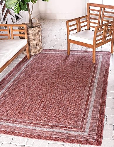 Unique Loom - Colección Outdoor Border - Tapete para exteriores de borde suave - 4pies 1pulgada x 6pies 1pulgada, rectangular, rojo óxidomarfil
