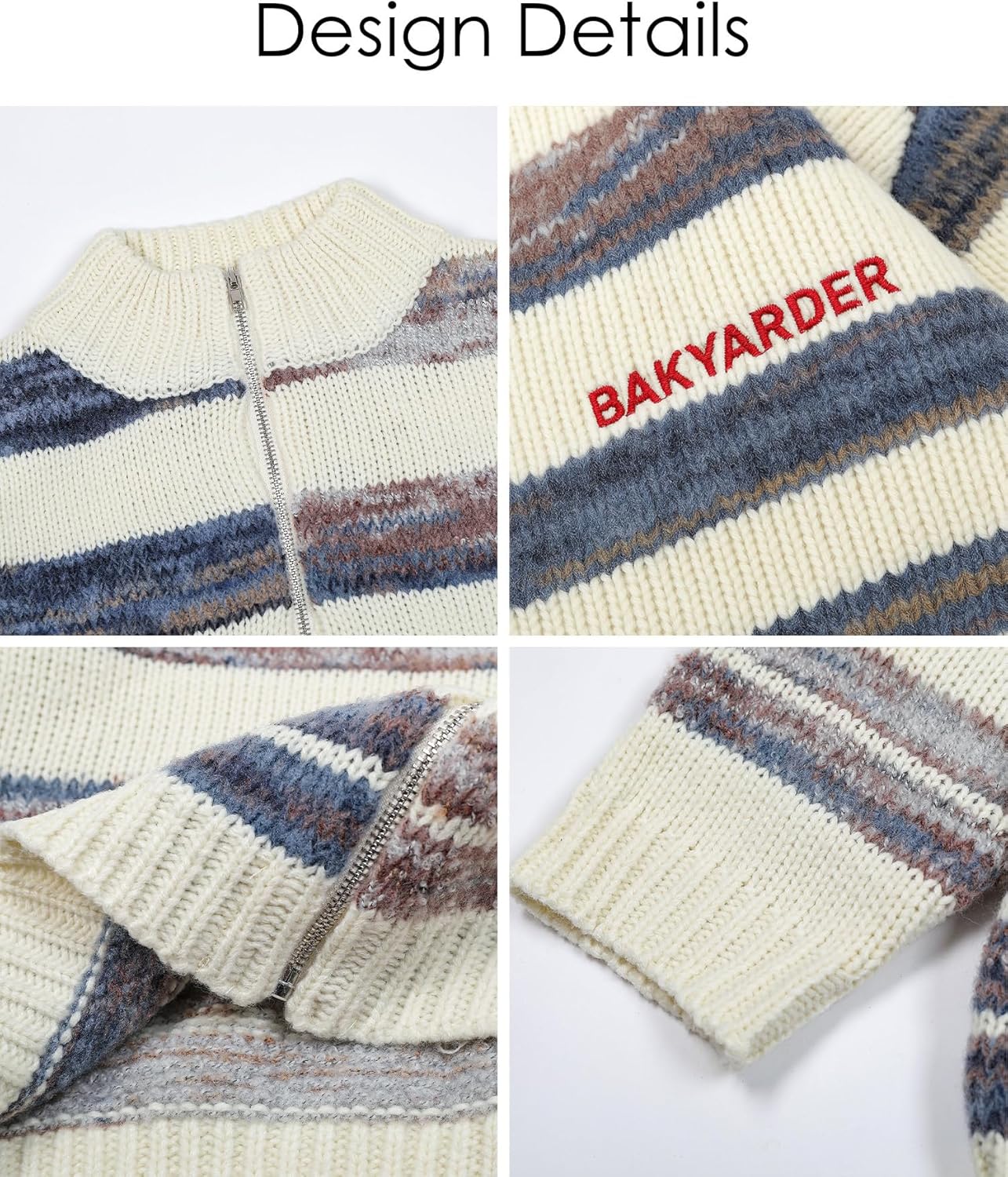 Bakyarder Striped Zip Up Cardigan for Women Turtleneck Sweaters Unisex Open Front Zipper Oversized Sweater - Image 3