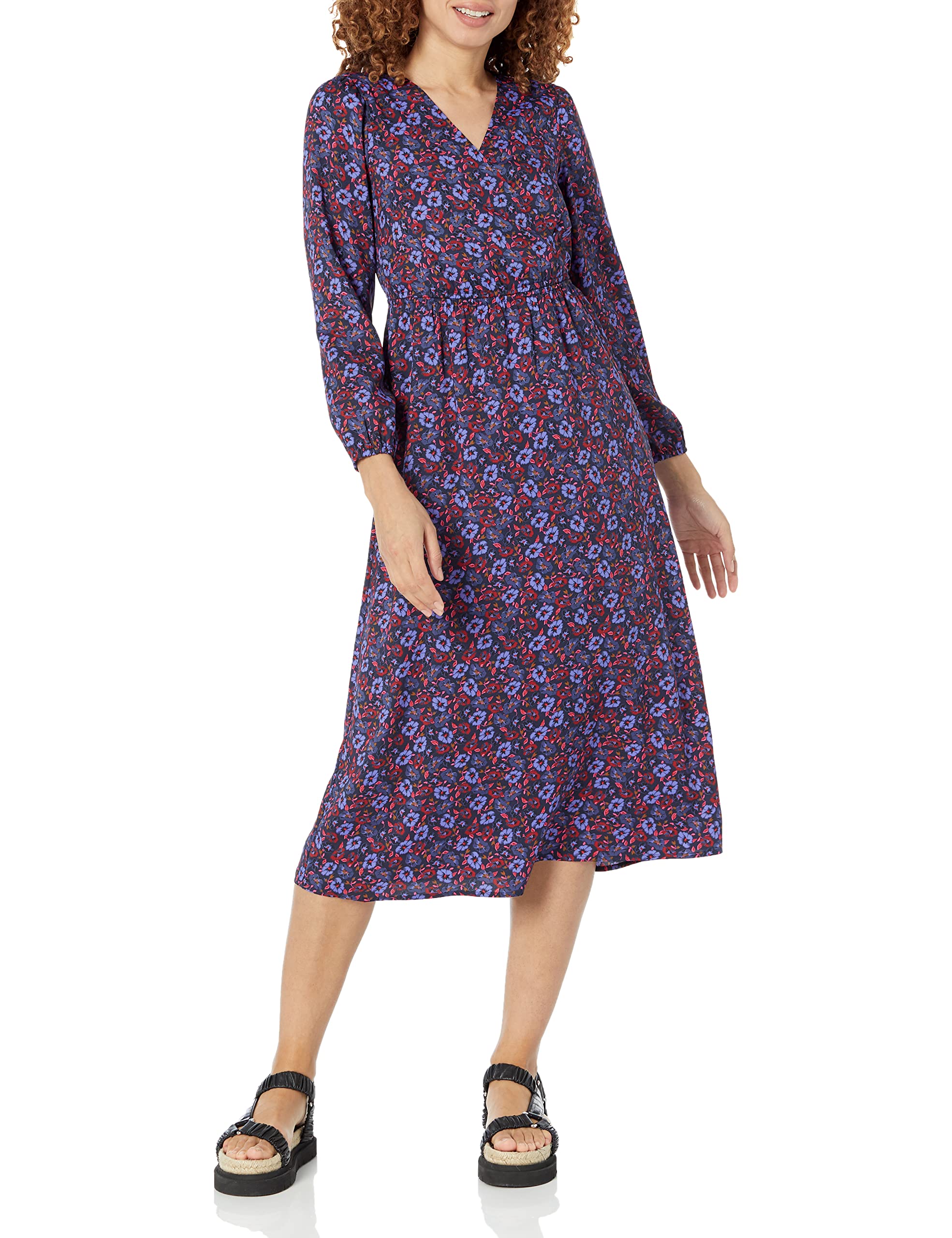 Amazon Essentials Vestido Midi Ligero Georgette de Manga Larga con Cuello de Pico (Disponible en Tallas Grandes) Mujer