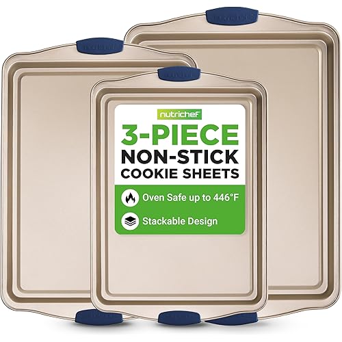 NutriChef 3-Piece Nonstick Bakeware Set - Premium Carbon Steel Oven Baking Trays w/Blue Silicone Handles - Small, Medium & Large Cookie Sheet Pans - PFOS, PFOA, PTFE-Free, Easy to Clean