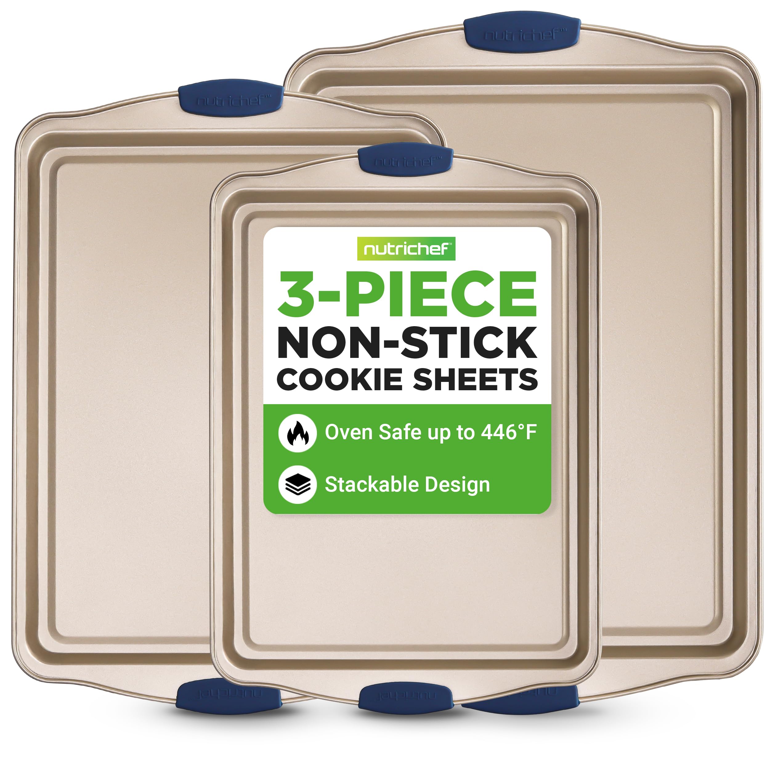 nutrichef 3-piece nonstick bakeware set - premium carbon steel oven baking trays wblue silicone handles - small medium amp large cookie sheet pans - pfos pfoa ptfe-free easy to clean