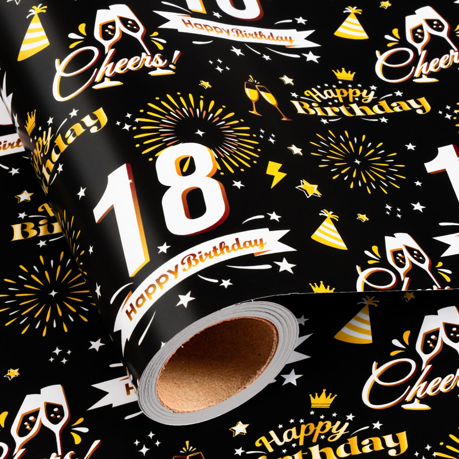 Wikadlik Black & Gold 18th Birthday Wrapping Paper - 43cm x 5m Mini Roll Happy 18th Birthday Text with Champagne Glasses Design Gift Wrap Roll