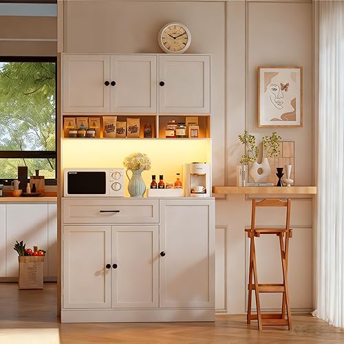 Miniatura 9 de Gabinete de despensa de cocina de 72 pulgadas con luz LED y estación de carga, armario alto de almacenamiento de despensa con estantes ajustables y