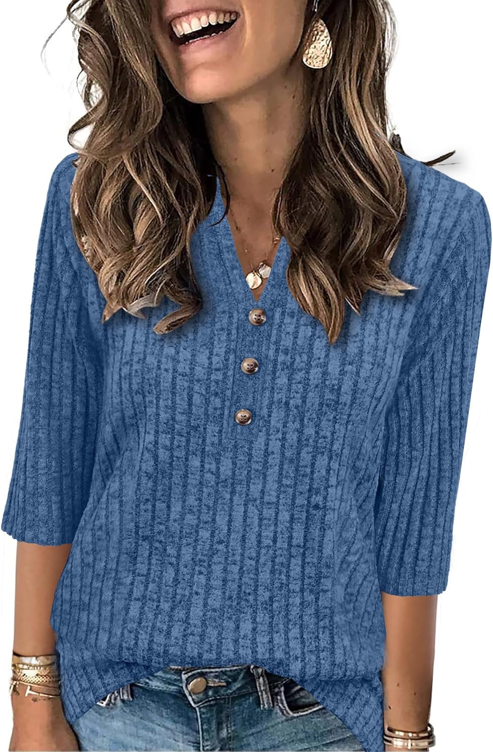 Womens Sweaters 3/4 Length Sleeve Tops Fall Fashion V Neck Casual Sweatshirt Winter Clothes - Image 2