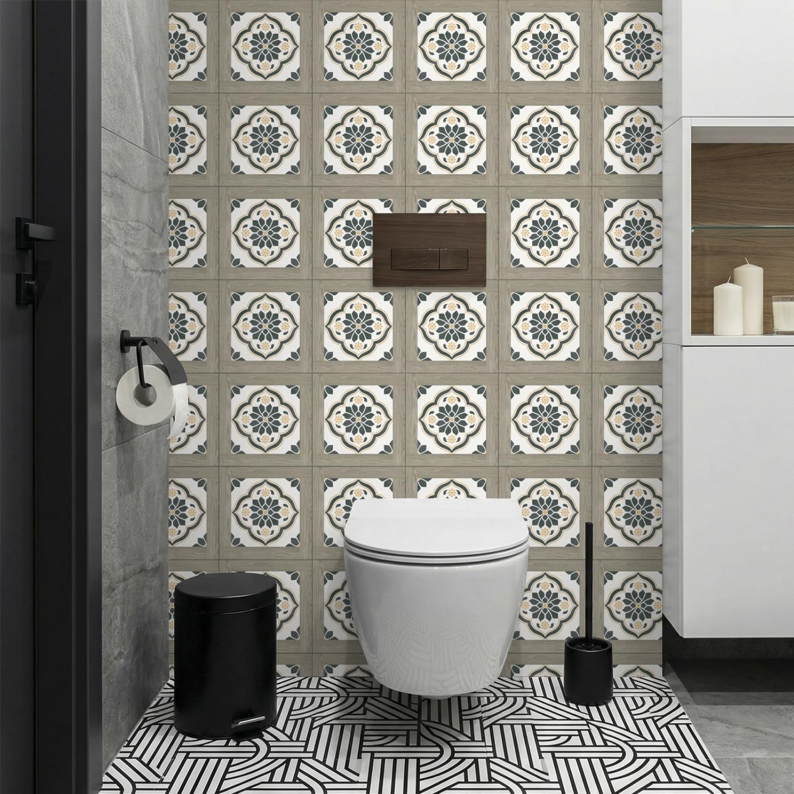 Rmjcxys Green Grey Flower Stick On Tiles Kitchen Tile Stickers Waterproof Vinyl Decals Self Adhesive Stick On Bathroom Tiles Backsplash Decorative Tile Covers 20X20 Cm/ 5 Pcs