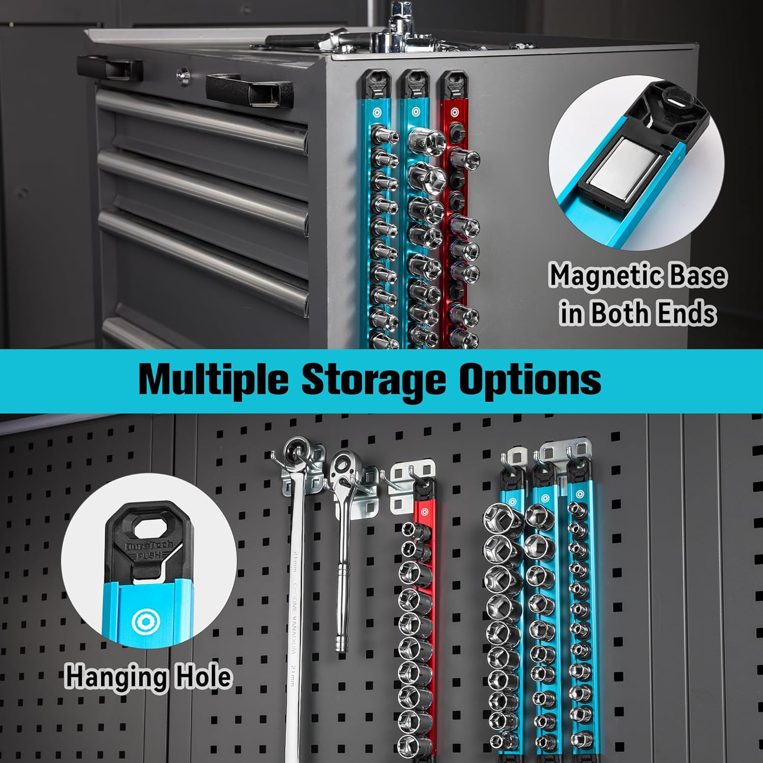 DURATECH Magnetic Socket Organizer Set, 1/4”, 3/8”, 1/2” Aluminum Alloy Socket Rail with 64 Clips, Socket Holder for Tool Box Drawer, Tool Cart and Garage Organization(6PCS)