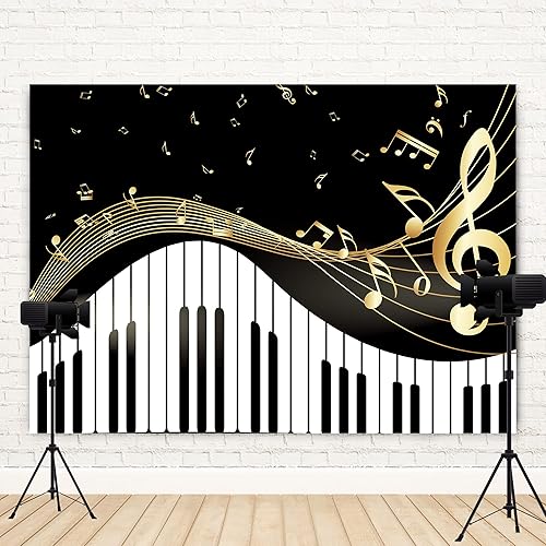 Miniatura 6 de Newsely Telón de fondo con tema de piano de 7 pulgadas de ancho x 5 pulgadas de alto, notas musicales doradas y teclado de piano, elegante fondo