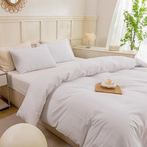 Miniatura 4 de ECOCOTT Juego de funda de edredón blanca tamaño Queen, 100% algodón lavado, duradero, suave, cómodo, ligero y transpirable, con cierre de cremallera