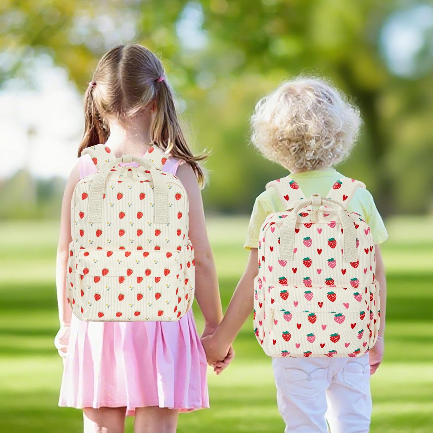 Mini Corduroy Backpack Bookbag School Bag for Toddlers Girls and Boys Preschool Daycare Kindergarten 13'' H Lightweight Fits for Folder(Strawberry Daisy-Beige Corduroy) - Image 9