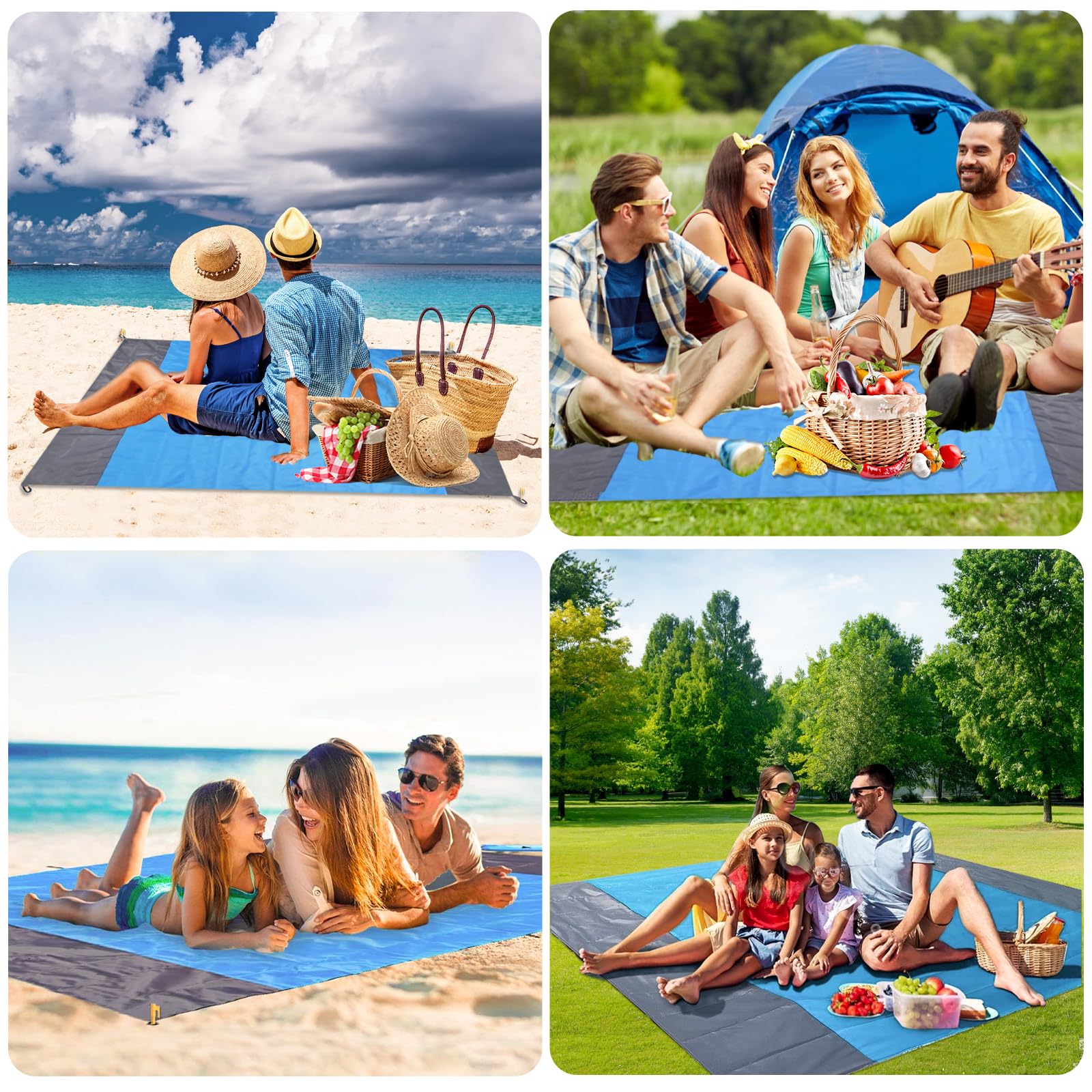 Koc plażowy, 210 x 200 cm, wodoszczelny, bez piasku, składany, lekka mata poliestrowa na plażę, kemping i piknik, z kieszenią na sznurek, 4 narożniki do mocowania