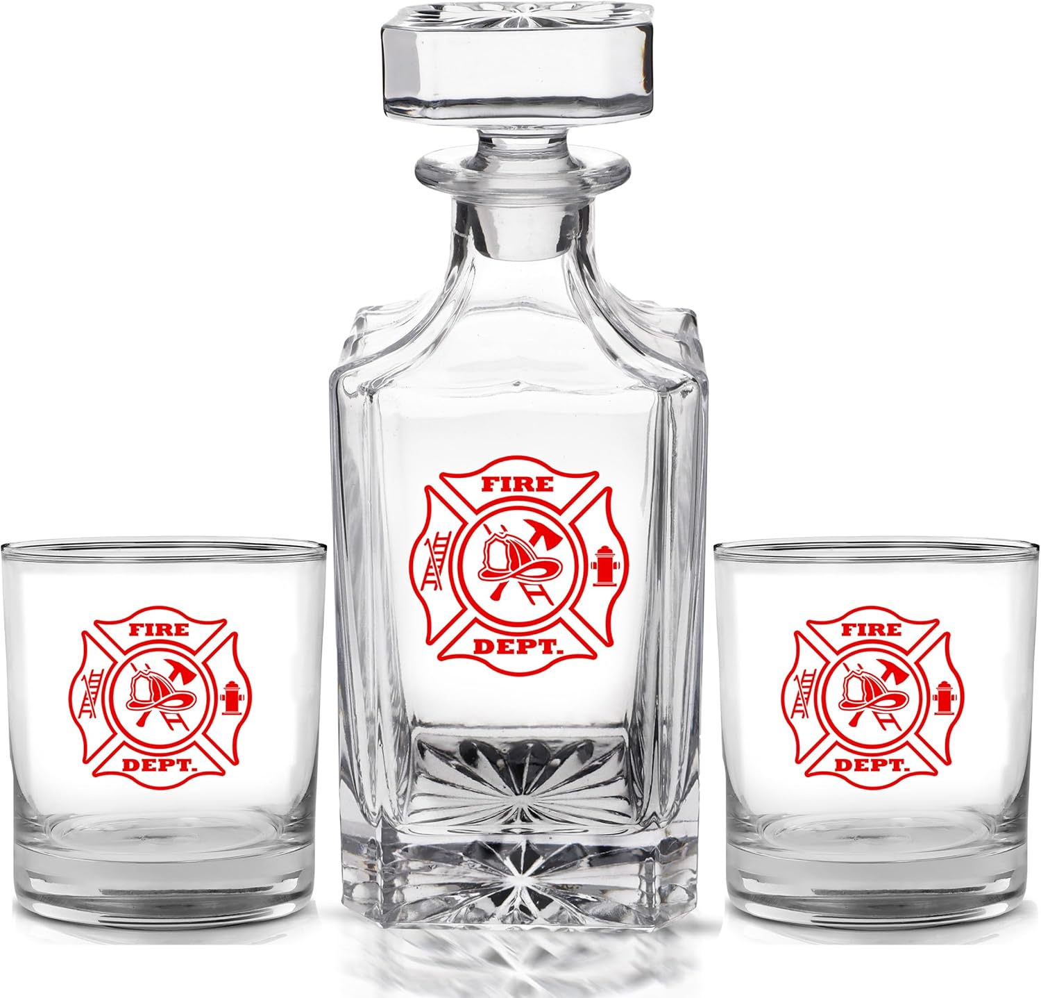 Firefighter Fire Department USA Whiskey Decanter Set With Airtight Glass Stopper Two Whiskey Glasses Custom Gift Bundle For FD