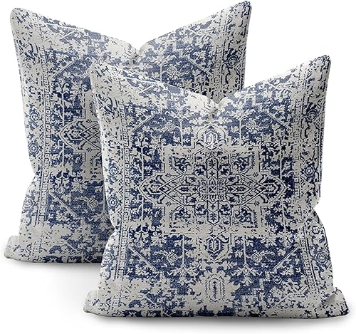 Juego de 2 fundas de almohada bohemias de 18 x 18 pulgadas, color azul y naranja, vintage, étnico, bohemio, coral, estampado floral, funda de cojín