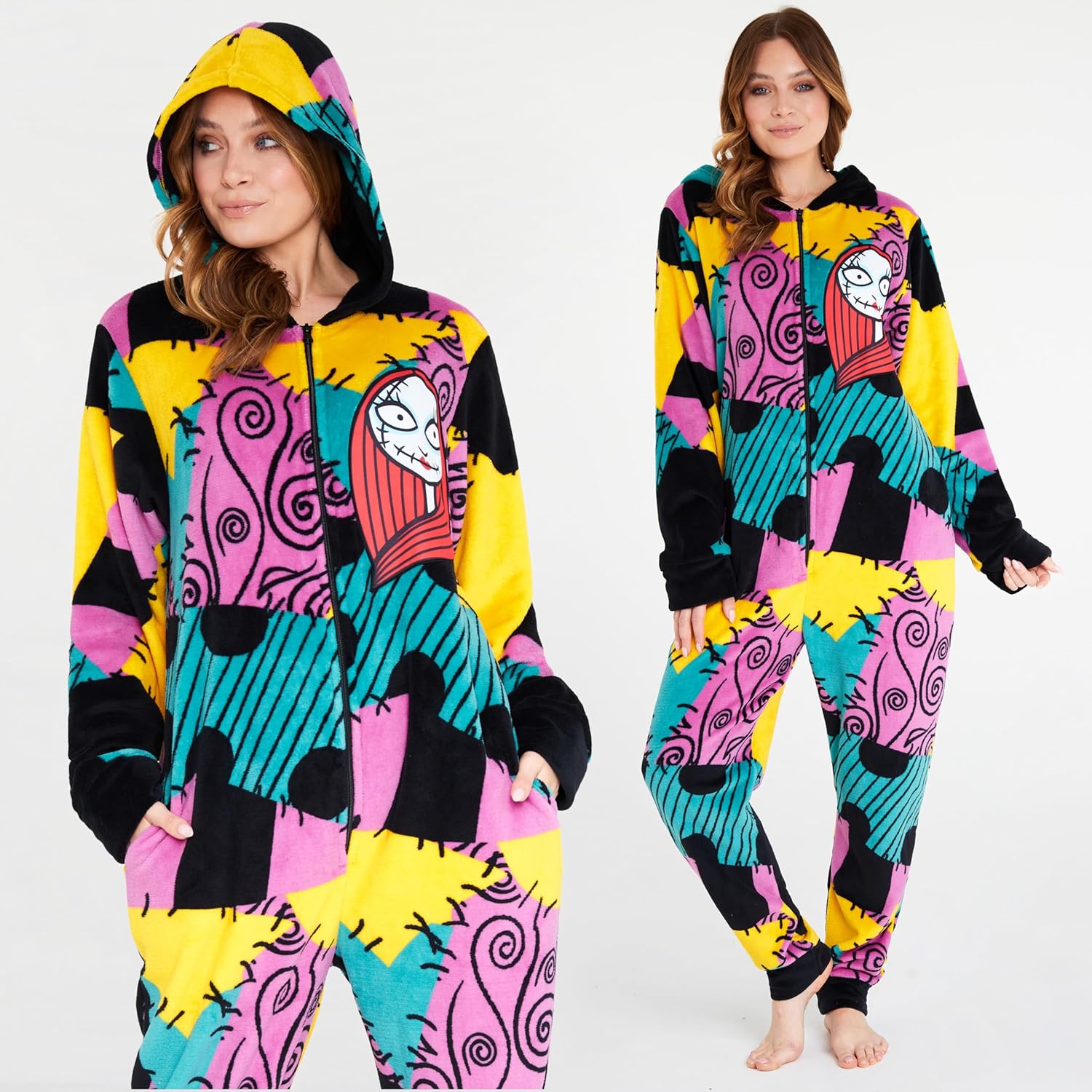 Disney The Nightmare Before Christmas One-Piece Pajamas for Women, Teens, Fleece Jumpsuit With Hood, Cozy Gifts for Women