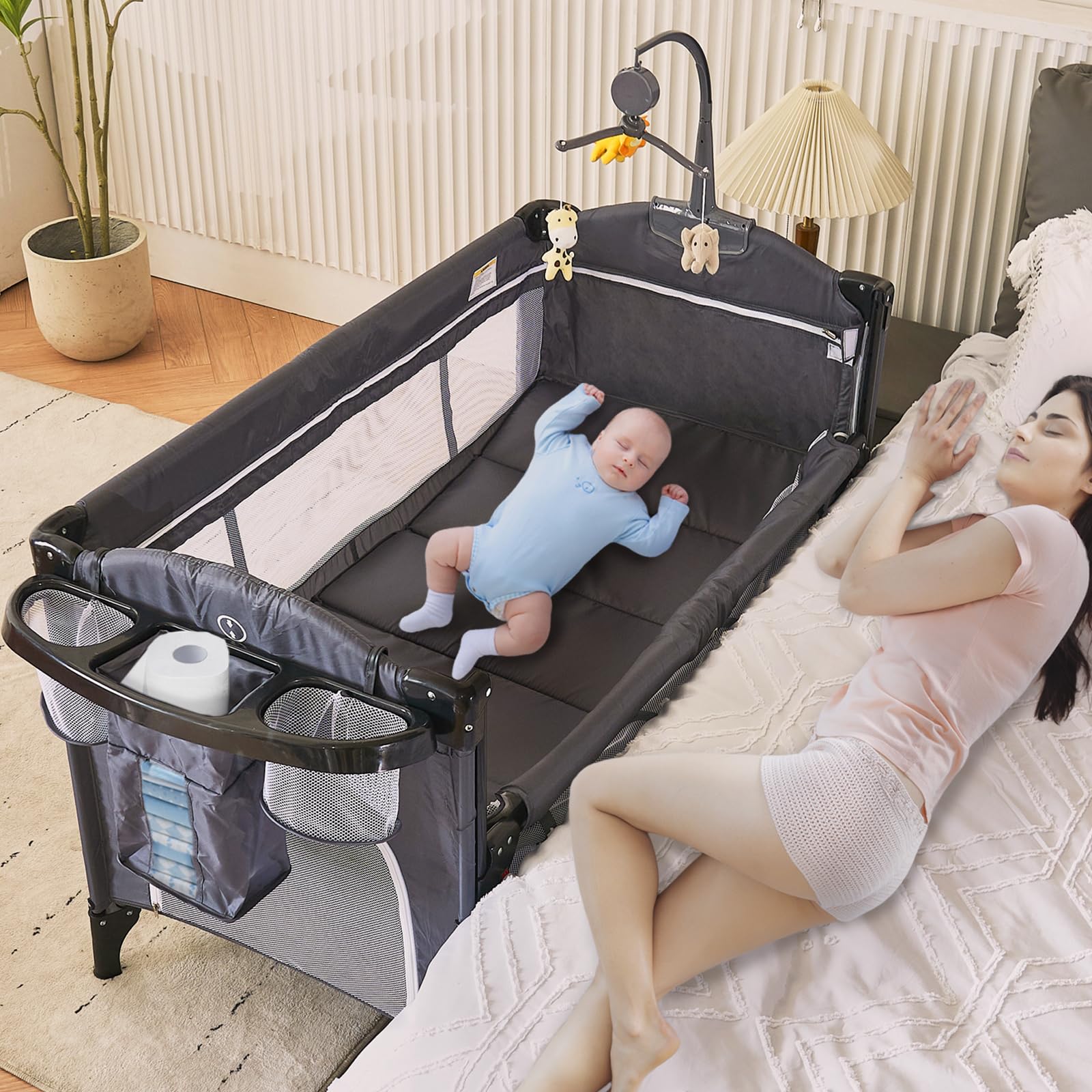 5-in-1 Baby Bedside Sleeper with Bassinet, Multifunction Pack and Play Bedside Sleeper from Newborn to Toddlers, U-Shaped Diaper Table, Music Box & Hanging Toys, Baby Playard Deluxe Nursery Center