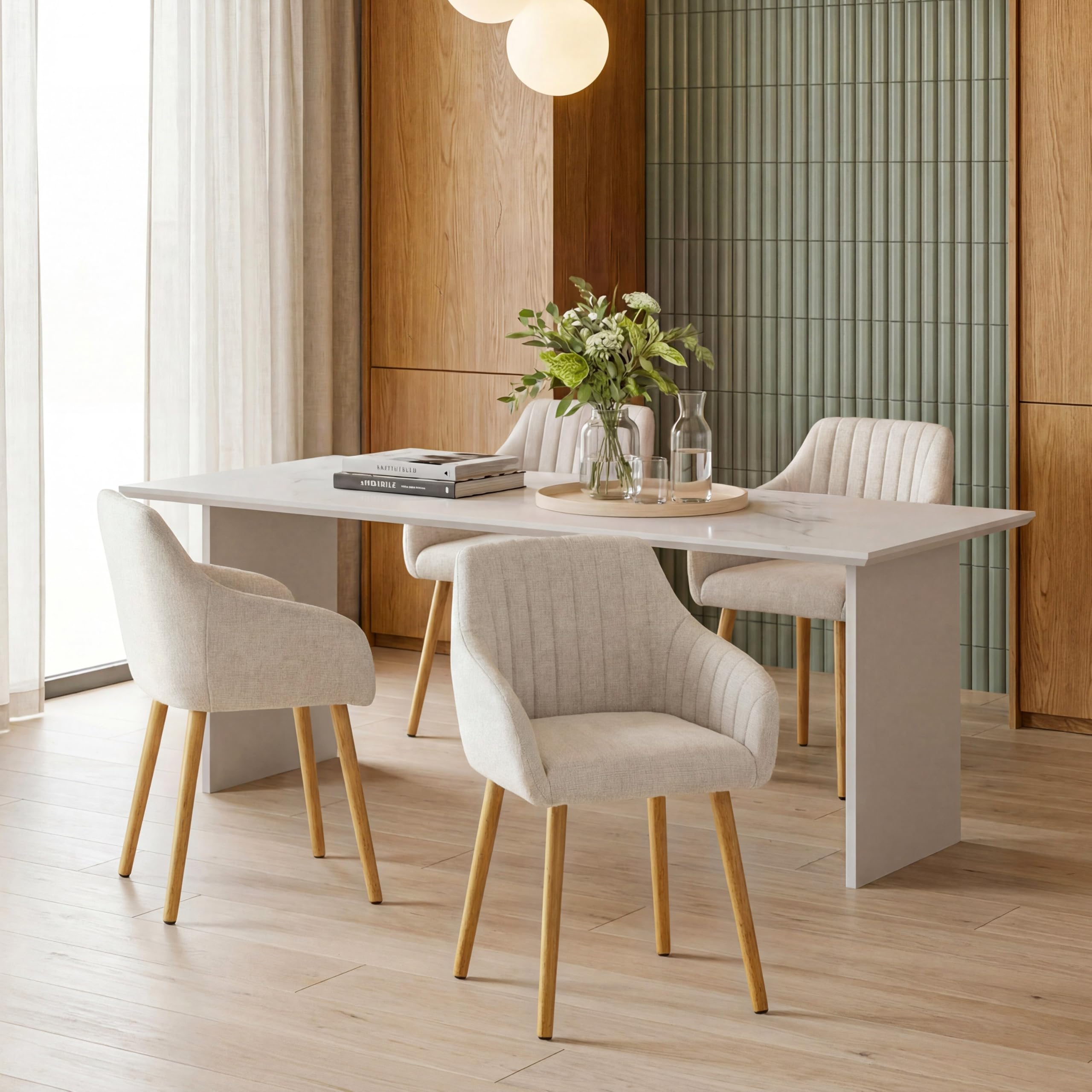 Lot de 4 Chaises Fauteuil Salle à Manger Chaises Beige avec Accoudoirs rembourrée en Polyester avec Pieds en Bois pour Salon Cuisine et Bureau