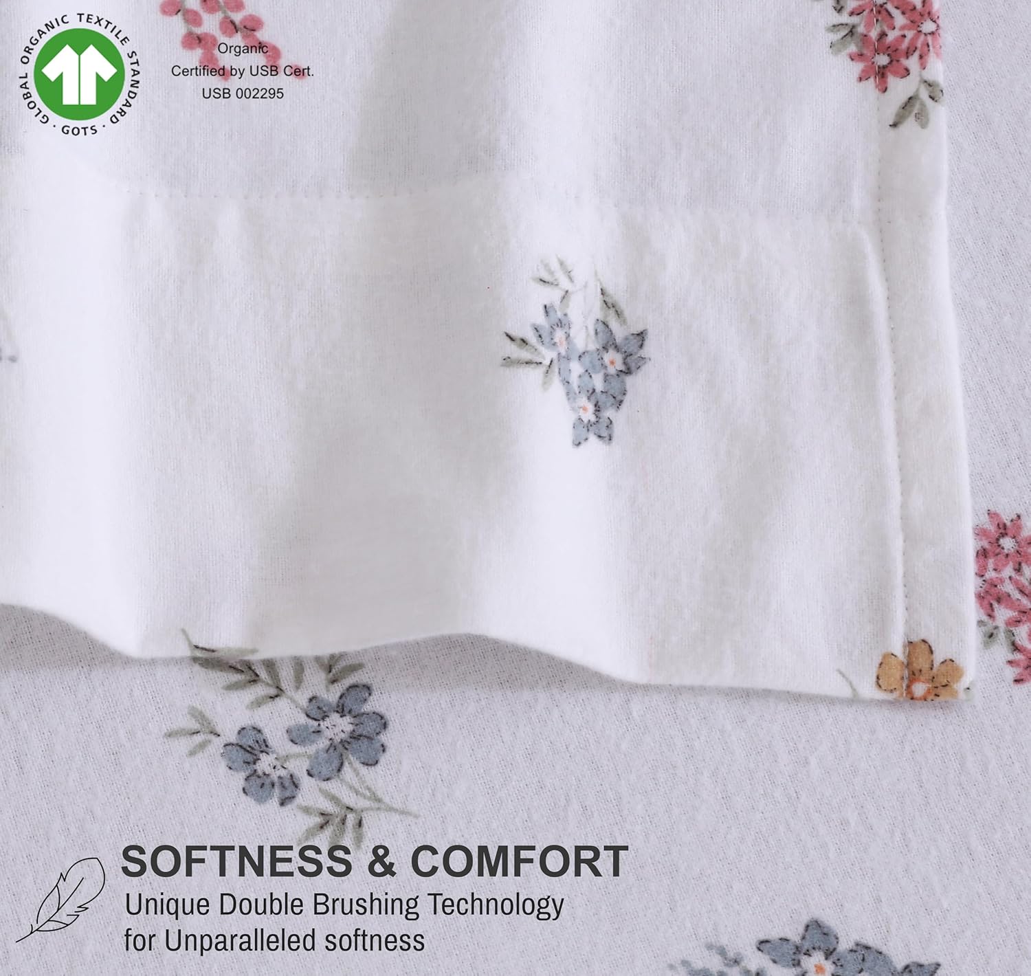 RUVANTI Flannel Sheets King Size - GOTS Certified 100% Organic Cotton, 4 Piece Warm, Soft & Breathable Set, Deep Pocket Snug Fit, Double Brushed Cozy All Season Bedding, Floral - Image 3