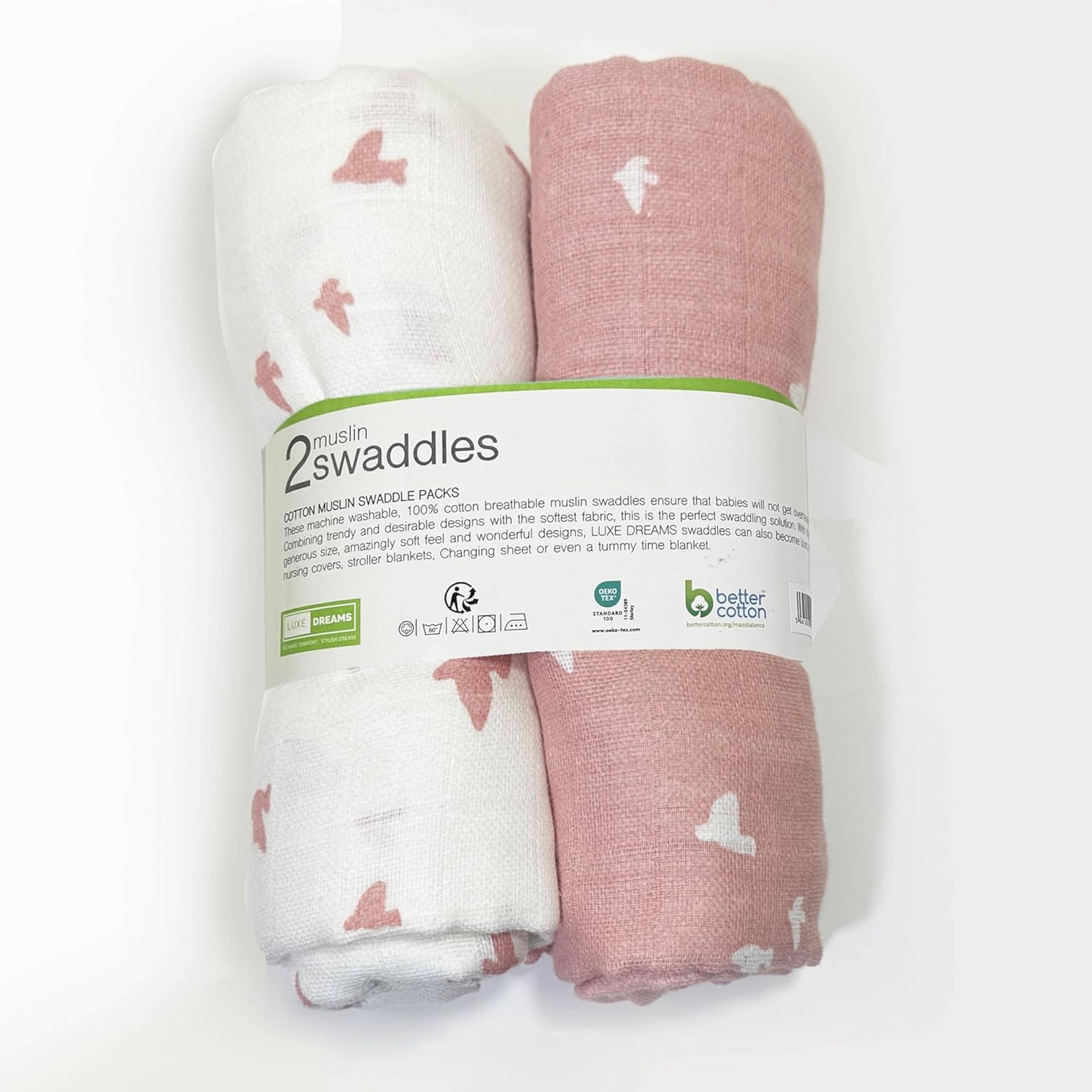 Muslin Cloths for Baby Pack of 2 Swaddles Blanket Soft & Breathable 100% Cotton Muslin Squares (115 x 115 cm) Burp Cloth for Newborn Baby Boys & Girls | Pink Birds Print