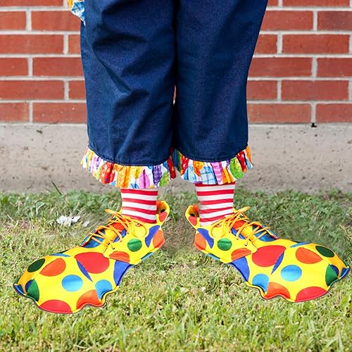 Miniatura 8 de Ioffersuper Juego de 5 piezas de suministros de disfraz de payaso, zapatos de payaso de nariz roja, peluca de payaso arco iris, chaleco para corbata