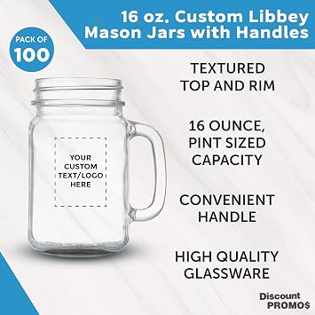 DISCOUNT PROMOS Custom Libbey Mason Jars w/Handles 16 oz. Set of 100, Personalized Bulk Pack - Traditional style, High standard - Black