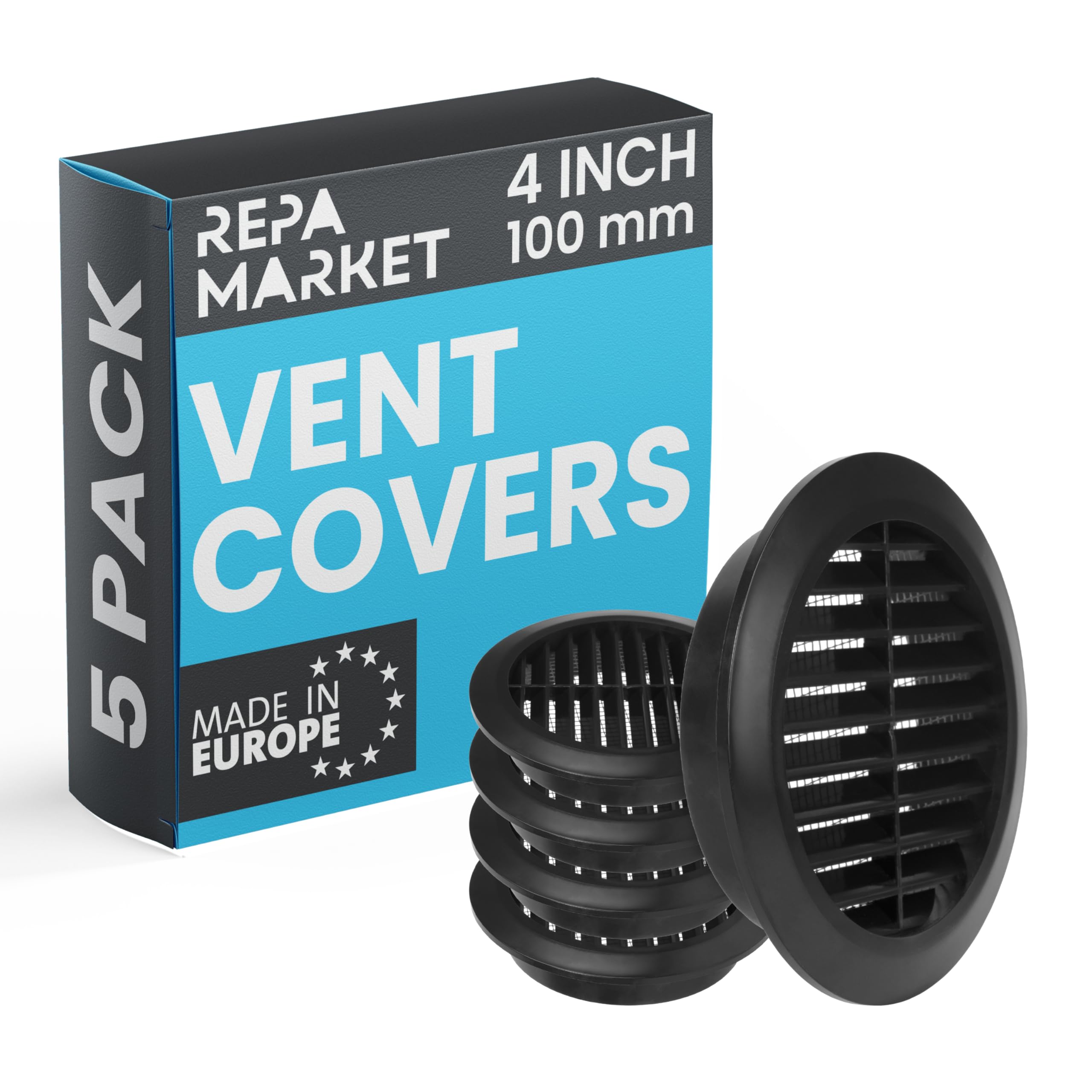 Repa Market 100mm Pack of 5 Black Vent Cover with Mesh Screen - Plastic Soffit Ventilation Grill - Louvered Vent for Indoor, Outdoor Wall Ducting - HVAC Louvre Grille for Kitchen, Bathroom