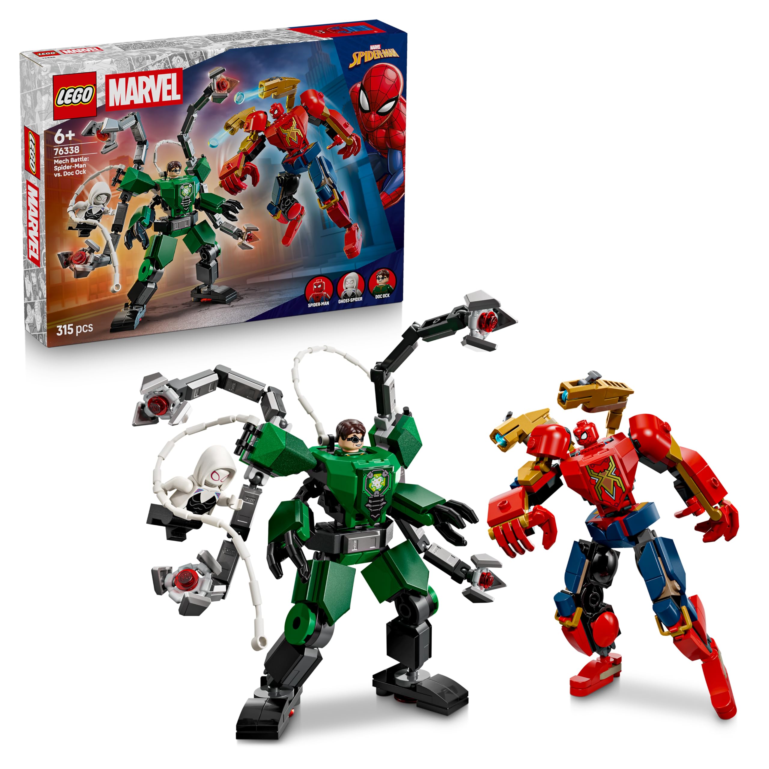 LEGO | Marvel Battaglia Mech: Spider-Man vs. Doc Ock - Giocattolo dei Supereroi con 2 Action Figure, 3 Minifigure, Shooter e Corde-Ragnatela - Idea Regalo per Bambini da 6 Anni in su - 76338