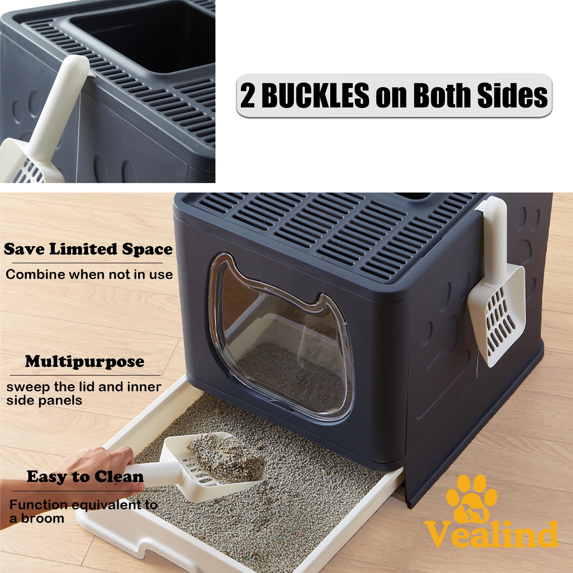 Vealind Covered Cat Litter Box with Lid Top Enter Foldable Kitty Boxes(Black)