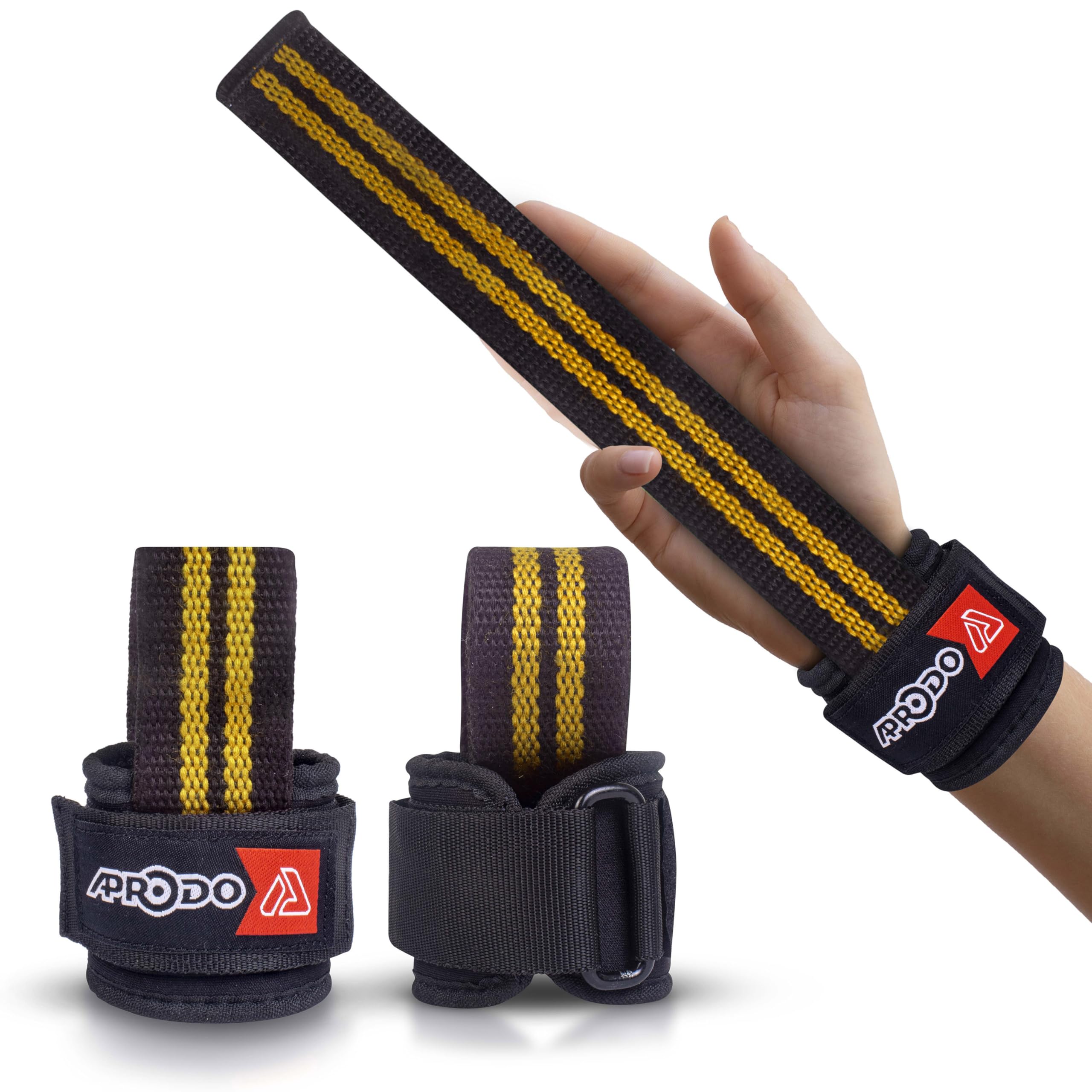 Aprodo Power Weight Lifting Bar Straps with Wrist Support Wraps, Gym Workout, Bodybuilding, Powerlifting, Strength Training for Men & Women (Black and Yellow)