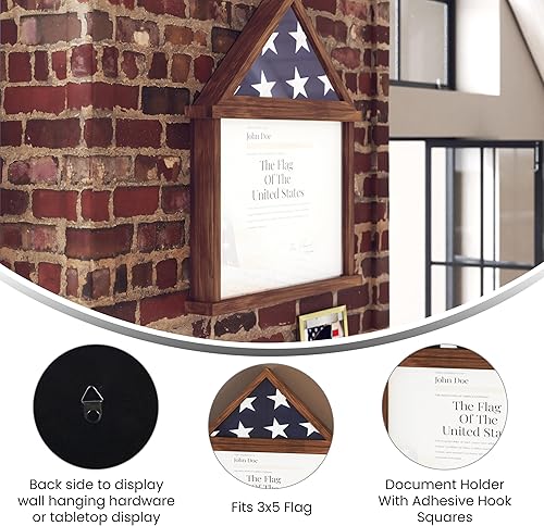 Miniatura 3 de Flash Furniture Estuche de exhibición de bandera y certificado de Quincy, caja de sombra de bandera de madera de pino maciza para bandera plegada de