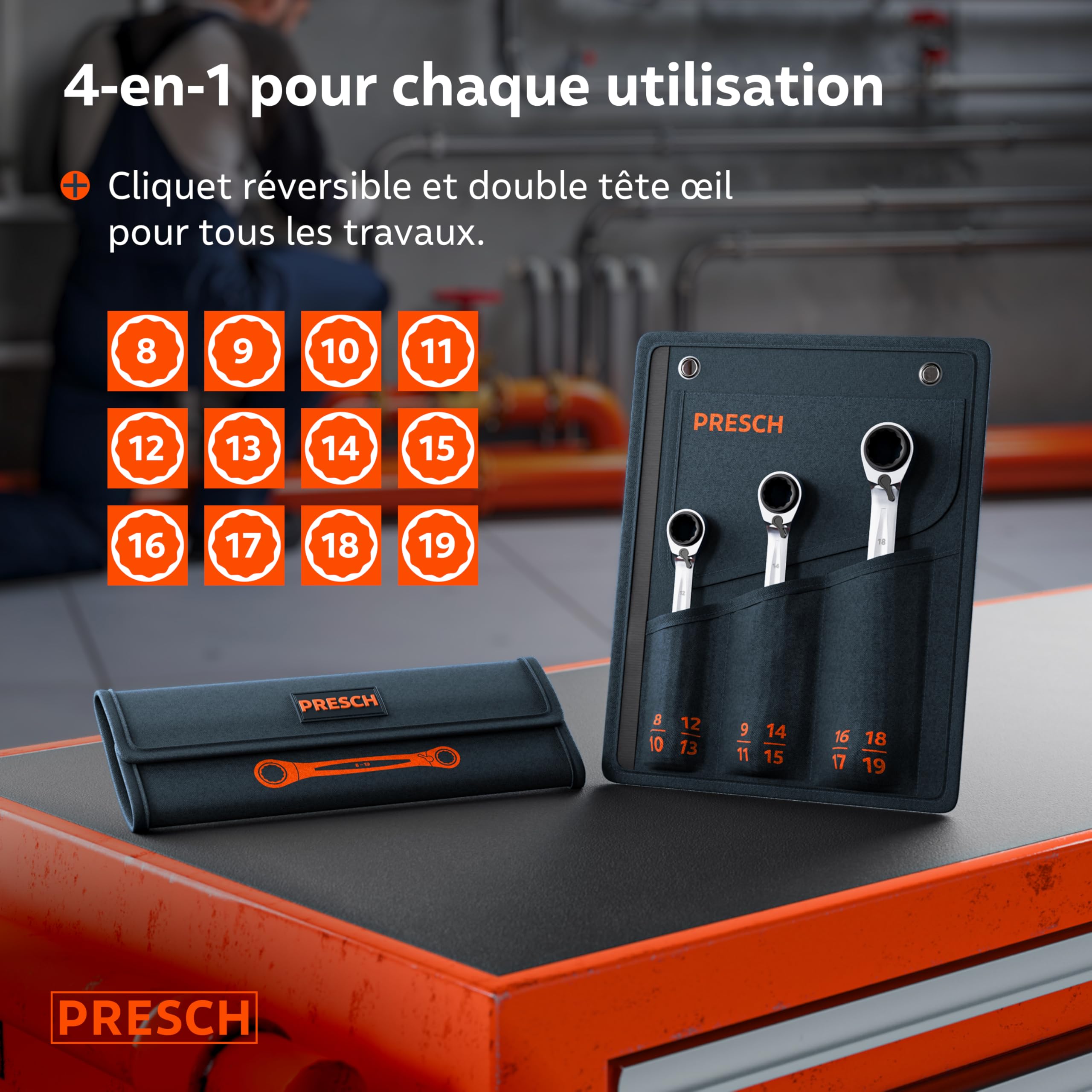 PRESCH Jeu de 4-en-1 clés à cliquet annulaire double 3 pcs avec sacoche 8-19 mm – Fonction à cliquet réversible – Clés extrêmement robuste avec 90 dents & angle de reprise de 4°