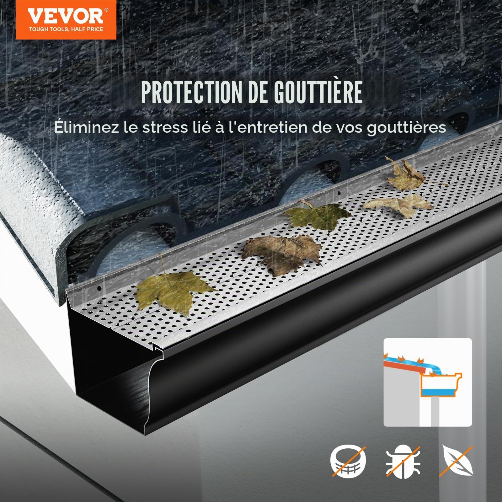VEVOR Grille de Protection Gouttière 127 mm Pare-feuilles pour Gouttières Aluminium 13PCS Longueur Totale 15,9 m Trou 4 mm Épaisseur 0,5 mm Protège-gouttière Anti-feuille pour Tout Type Toit Gouttière