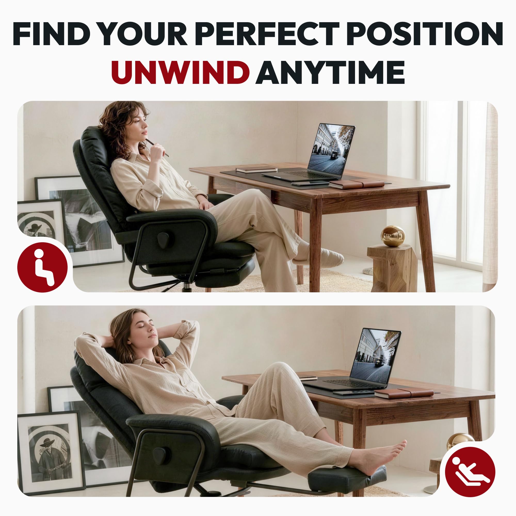 SANODESK Ergonomischer Bürostuhl Chefsessel mit 160° Liegefunktion, Gaming- & Relaxsessel aus PU-Leder mit Fußstütze, höhenverstellbar, belastbar bis 135 KG (Schwarz)