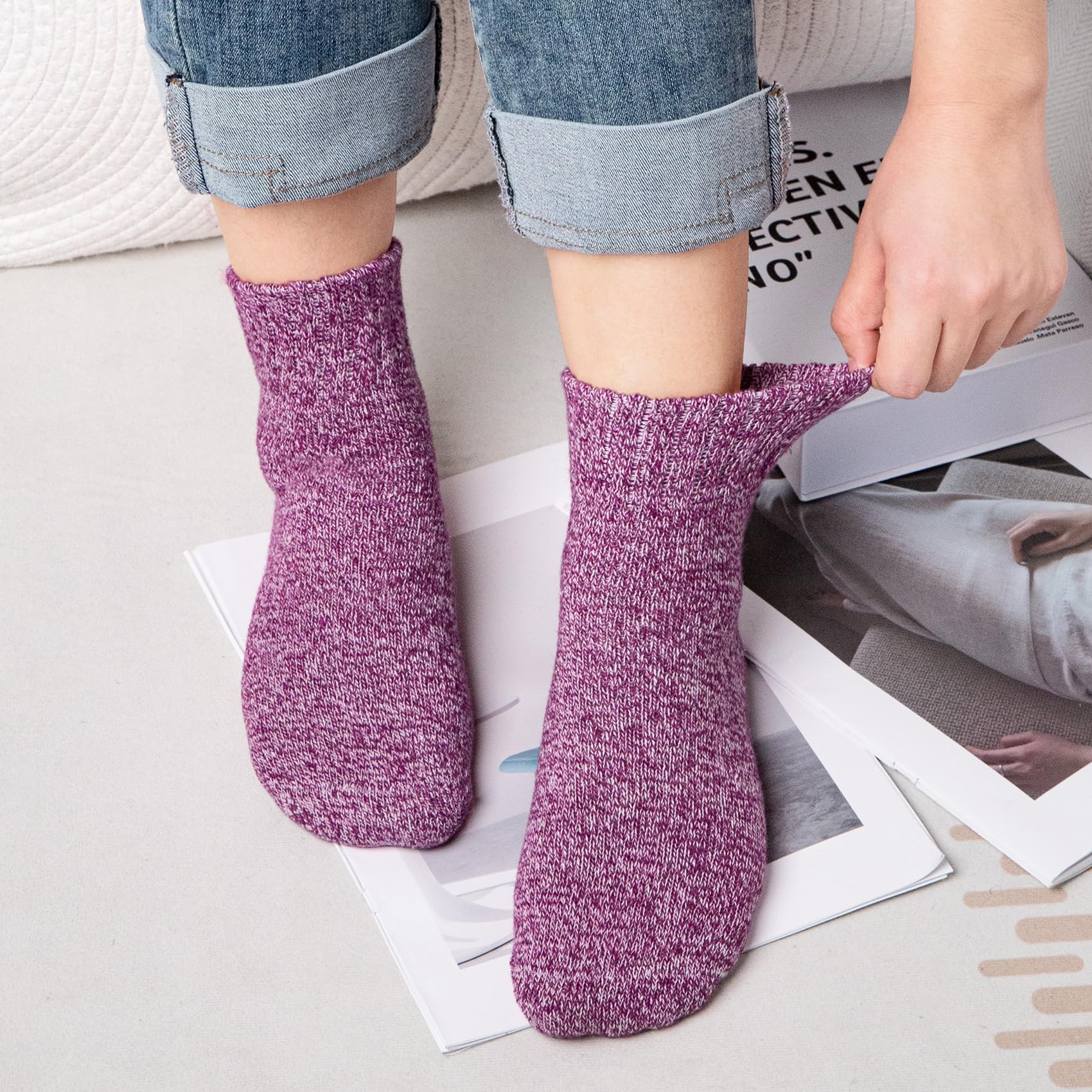 Justay 5paires Chaussettes Femme en Laine Mérinos Chaude Douce pour Hiver, Chaussette Épaisse Unisexe Multicolore（vert, rose, rouge 36-42）, (001-1)