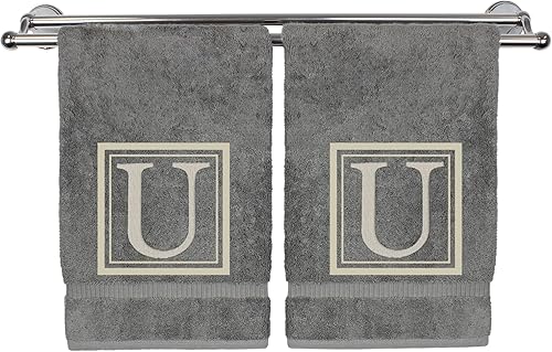 Miniatura 83 de Monogrammed Hand Towel, 16 x 30 Inches Set of 2, Personalized Gift- White Letter Embroidered with Square Design on Black Towel - Extra Absorbent