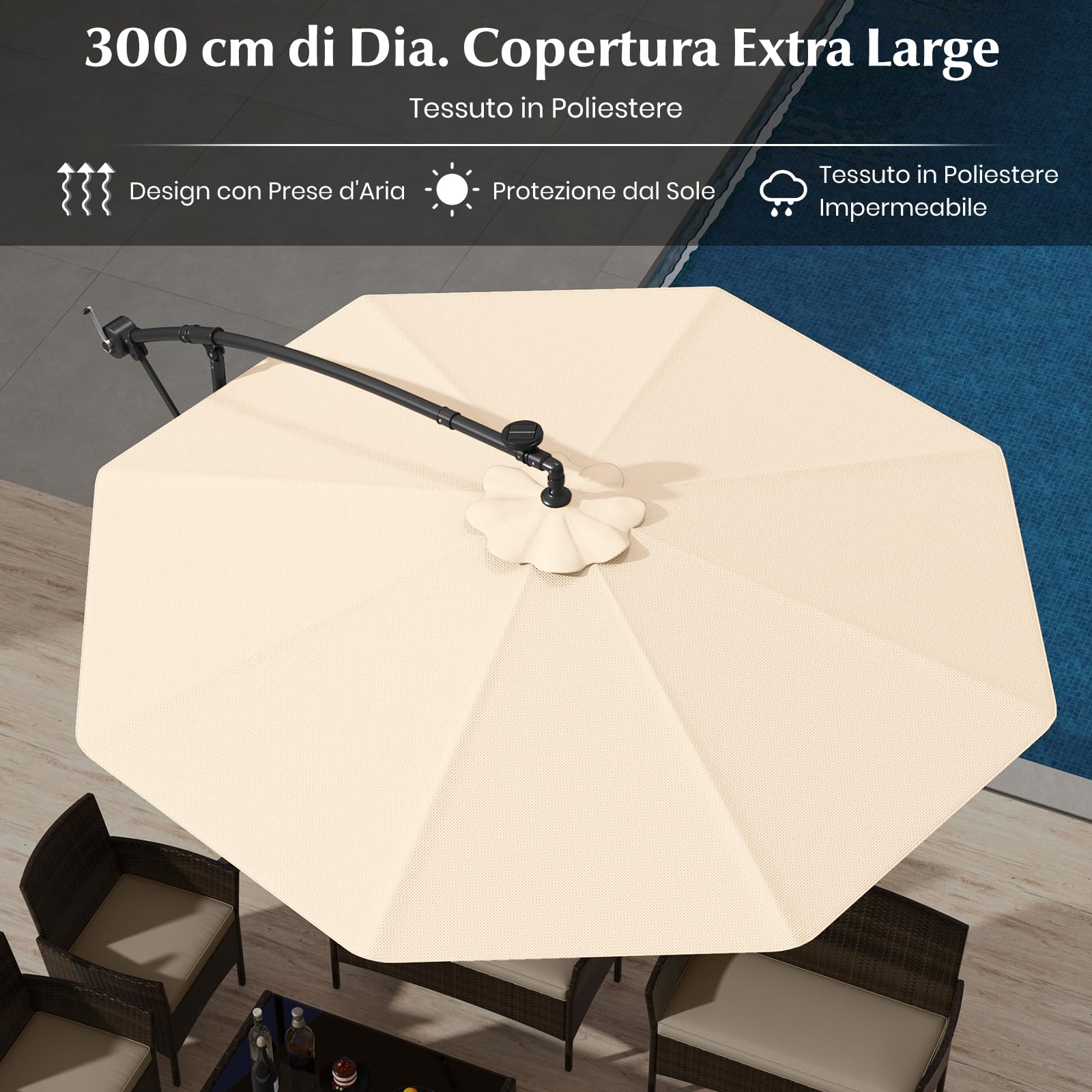 RELAX4LIFE Ombrellone da Giardino 3x3M con Luci a LED, Ombrellone da Balcone con Base a Croce e Sacco di Sabbia, Protezione Solare