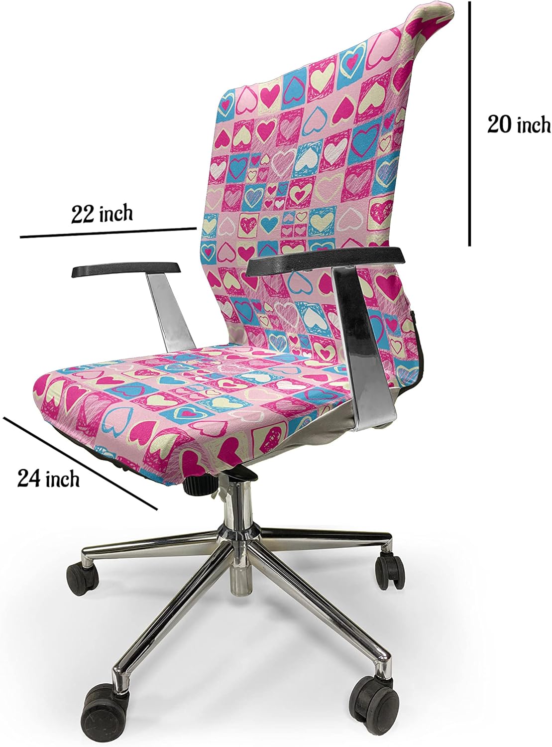 Ambesonne Love Office Chair Cover, Doodle Sketchy Hearts in Squares Romance Girls Design, Stretchable Decorative Universal Size High Back Printed Slipcover, Cream Pink