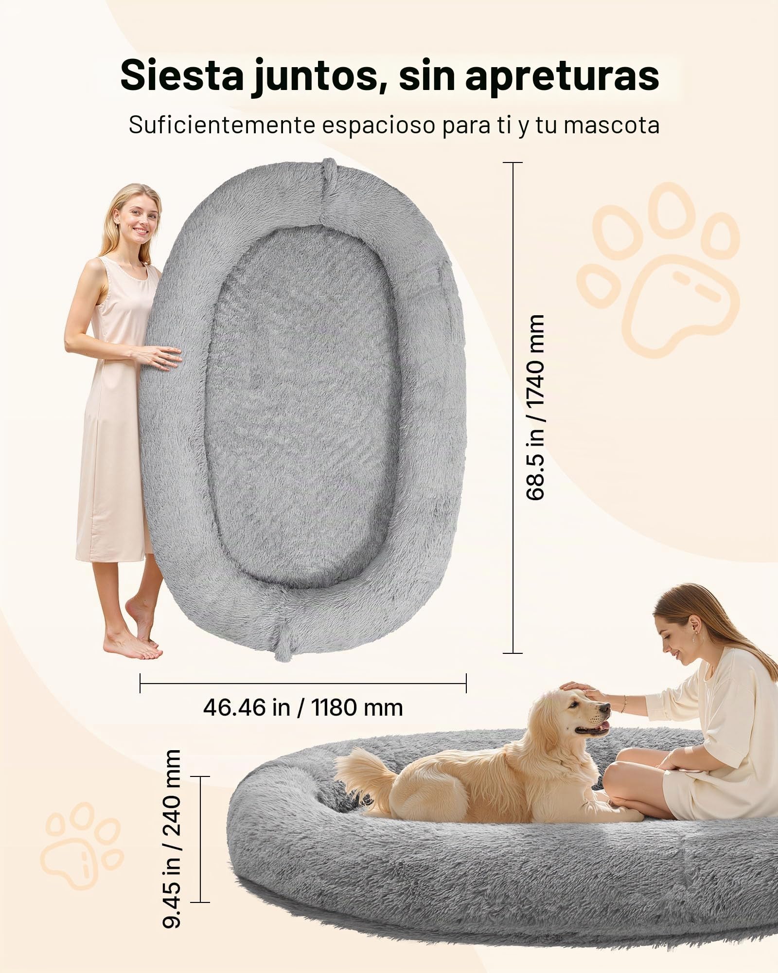 VEVOR Cama Acogedora para Perros, Diseño Ovalado, 174 x 118 x 24 cm, Espuma Viscoelástica, Tamaño Humano, con Bolsillo Lateral, Asa y Cremallera, Funda Extraíble y Lavable a Máquina, Gris Oscuro