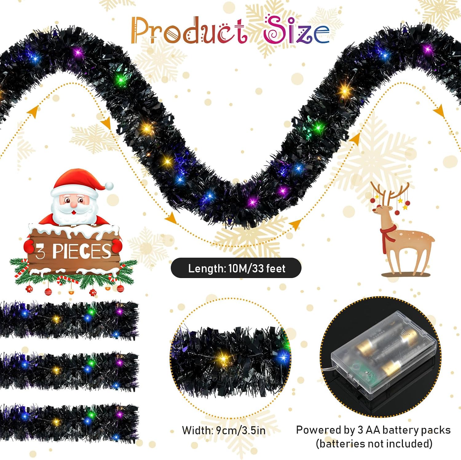 Jutom 99 ft Total 3 Pcs Christmas Pre Lighted Tinsel Garland Hanging Metal Twisted Wire Garland with LED Lights Battery Operated Christmas Garland for Christmas Tree Mantle Decoration (Black)