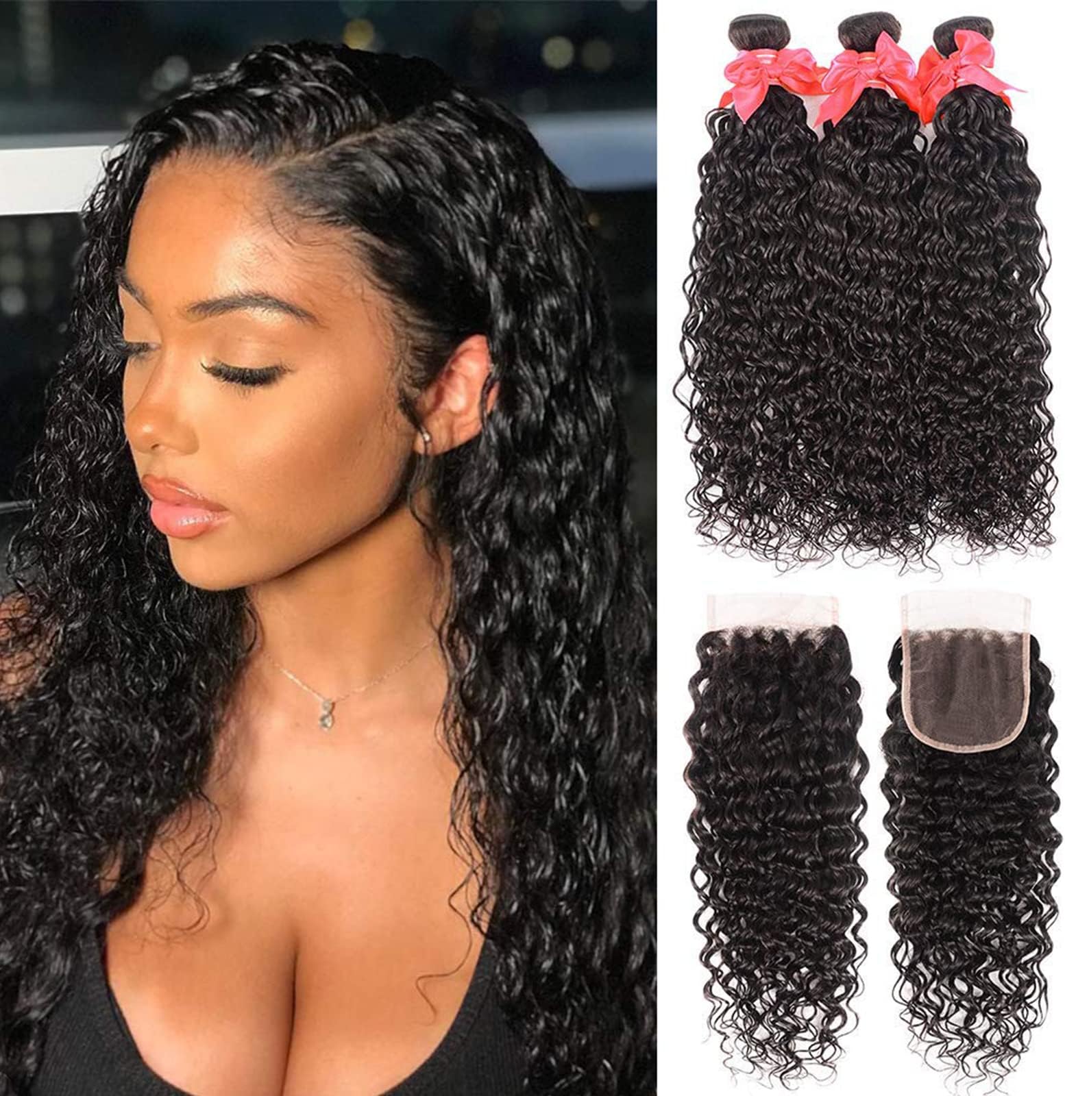 Water Wave 3 Bundles with Closure 8A Ocean Wave Wet and Wavy Human Hair Weave (18 20 22+16, Natural Color)