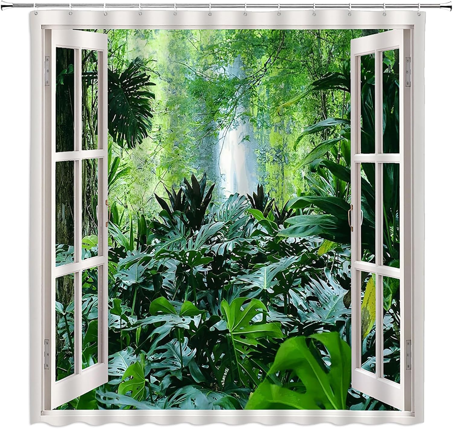 Green Forest Shower Curtain Mountain Waterfall Palm Leaves White Wooden Windows Rainforest Tropical Plant Nature Scenery Landscape Bathroom Decor Curtain with Hooks,
