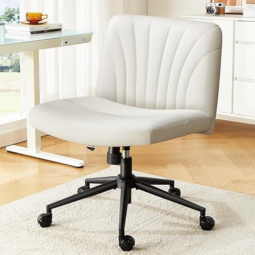 Marsail Silla cruzada con ruedas silla de oficina de piel sintética con patas cruzadas, silla de escritorio sin brazos anchos, silla giratoria de