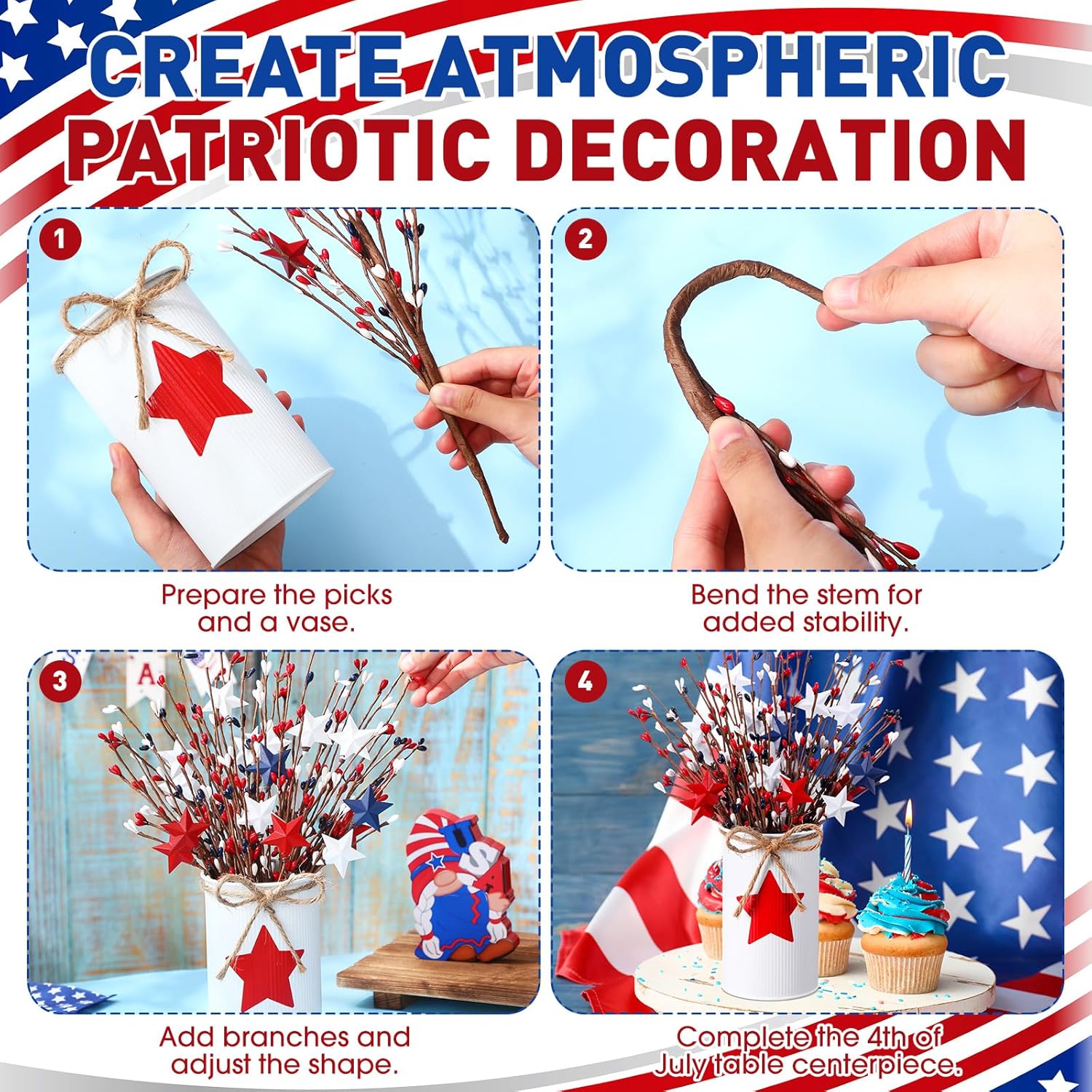SiliFine Patriotic Table Centerpiece Decoration Memorial Day 4th of July Artificial Flower Stems Star Shaped Berry Picks with Metal Vase Pot for 250th Independence Day Office Home(White and Red)