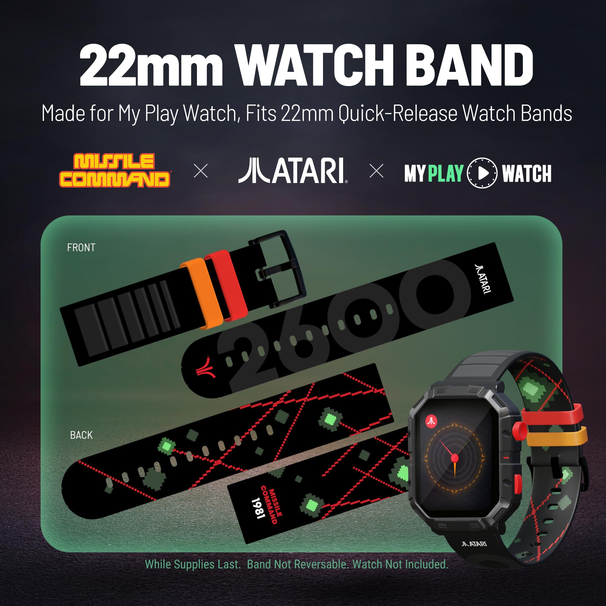 Atari 2600 Missile Command Themed Bonus Band, oficjalnie licencjonowany do smartwatcha do gier retro, bezpłatny przy zakupie ze smartwatchem Atari 2600