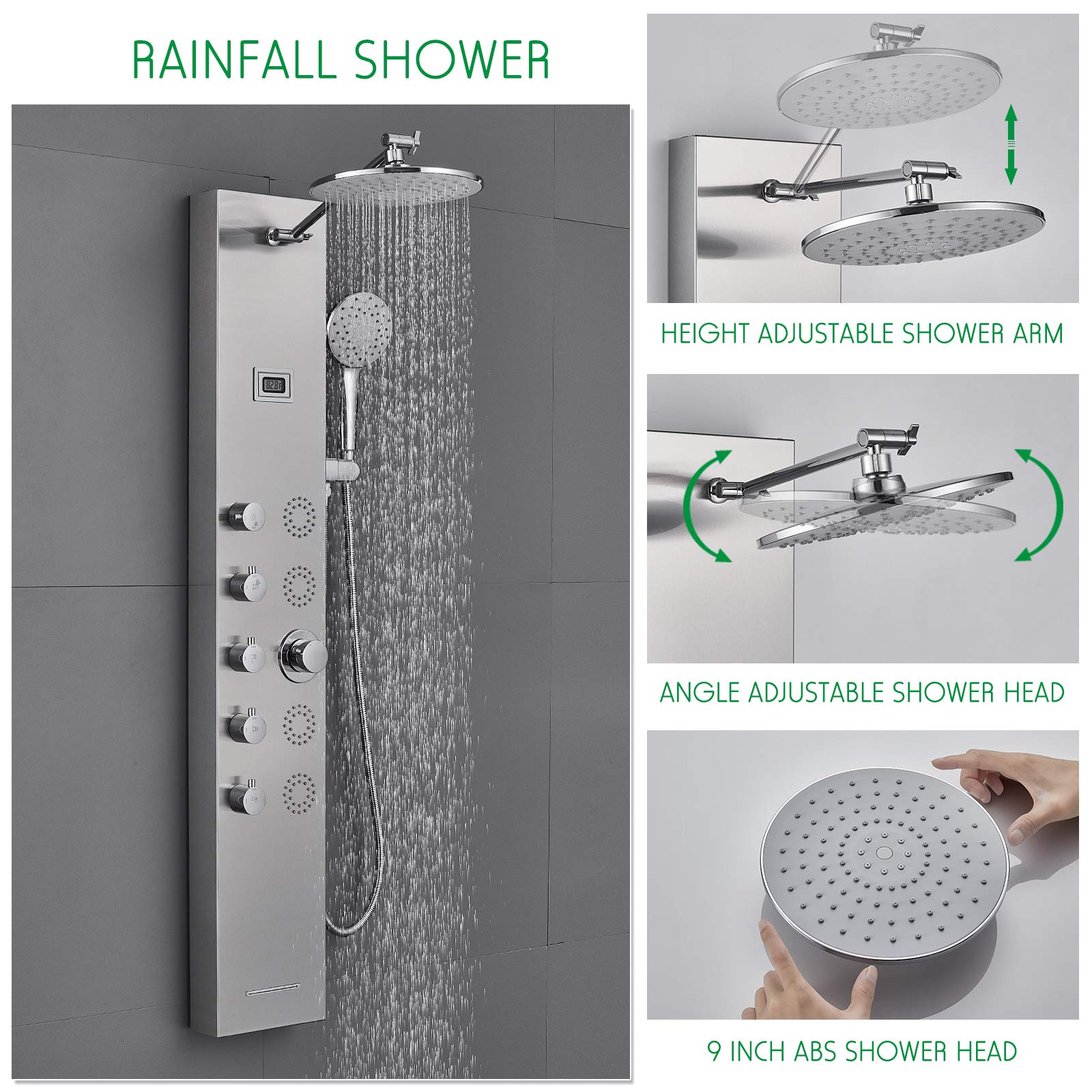 OUGOO Shower Panel Tower System Rainfall Shower + 4 Body Massage Spray