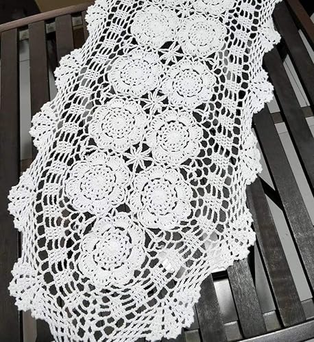 Vista 3 de Damanni Tapete ovalado de algodón hecho a mano con encaje de ganchillo, 15 x 43 pulgadas, color blanco