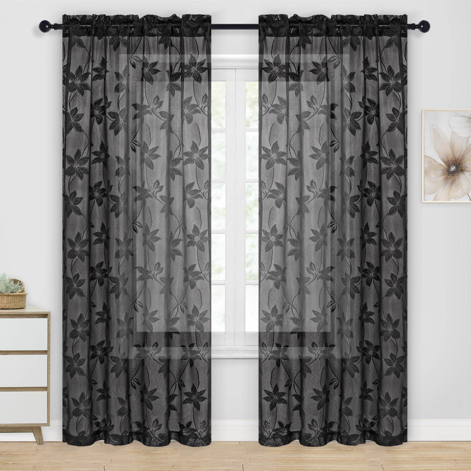 DWCN Black Lace Curtains - 84 inches Long Floral Lace Design Rod Pocket Window Voile Sheer Drapes for Bedroom Kitchen Short Curtains 42 x 84 inches Long, Set of 2 Black Curtain Panels