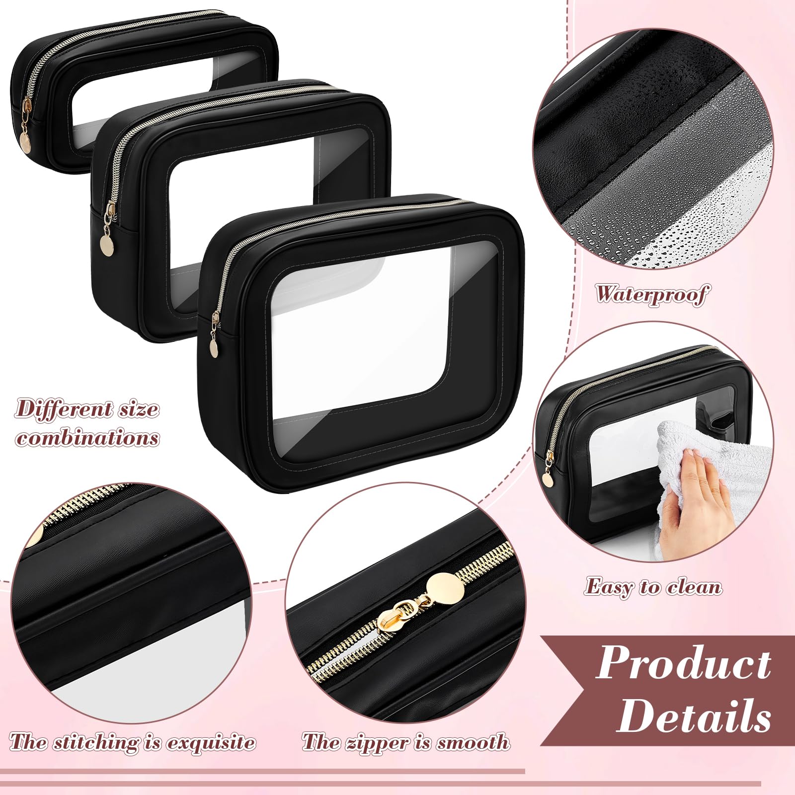 12 Stück Klare Makeup Taschen mit Reißverschluss 3 Größen PVC Toilettentasche wasserdichte Kosmetik Koffer Organizer für Frauen Hochzeit Braut DIY Geschenke Reisen Urlaub Fitness Schwarz