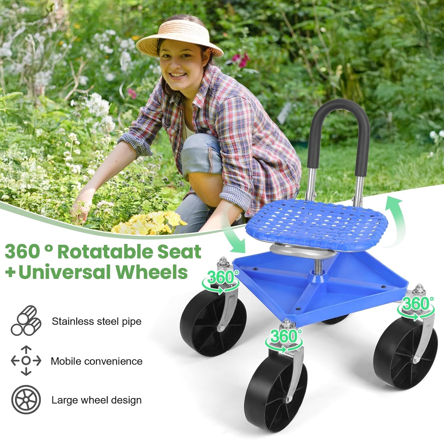 Height-Adjustable Rolling Garden Seat with 360° Swivel & Tool Tray - Mobile Gardening Stool & Work Bench on Wheels for Seniors Blue