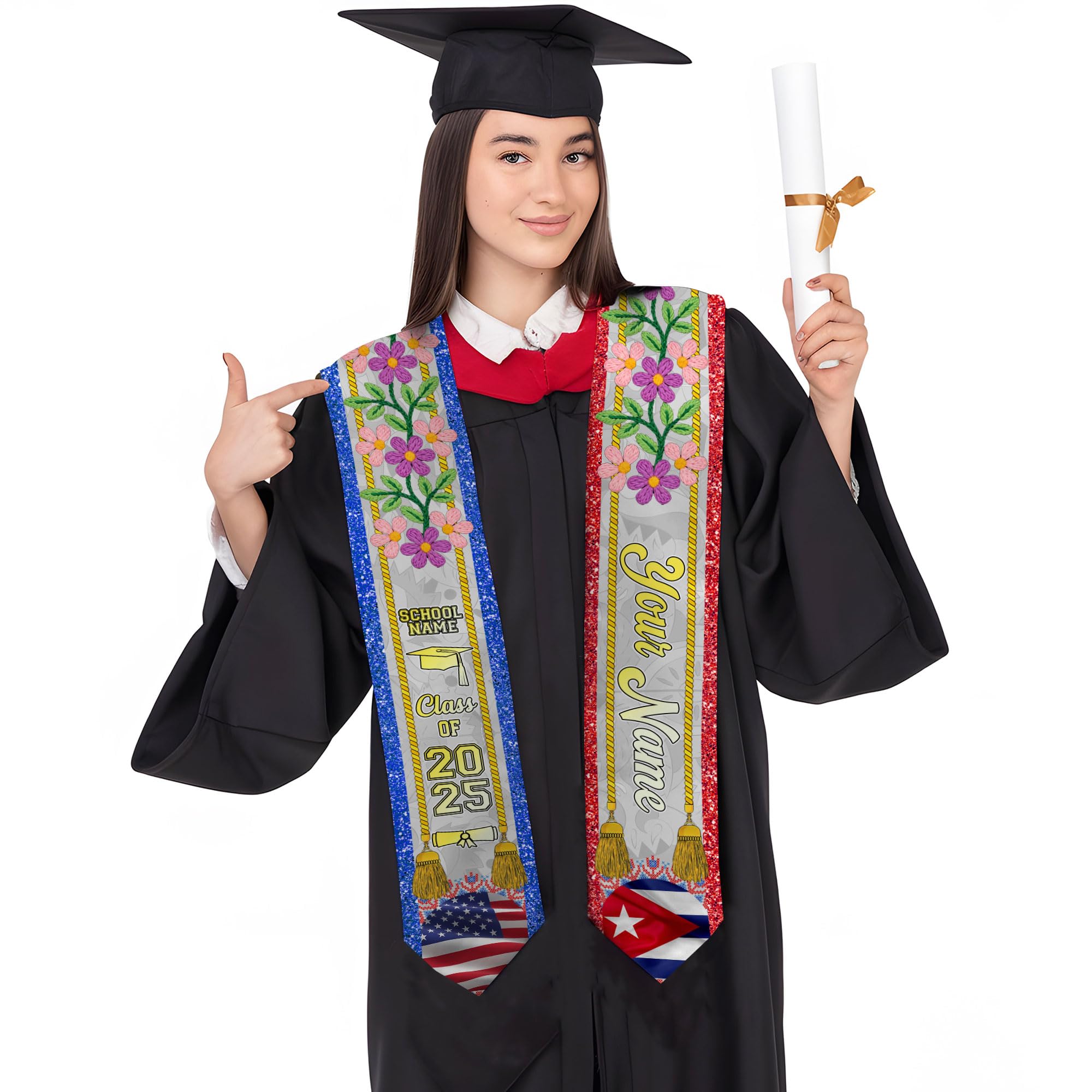 MonkeyVan Personalized Cuba Graduation Sash 2025, Custom Cuban American Flag Graduation Sash 2025, Cuban Flag Graduation Stole Cuba1